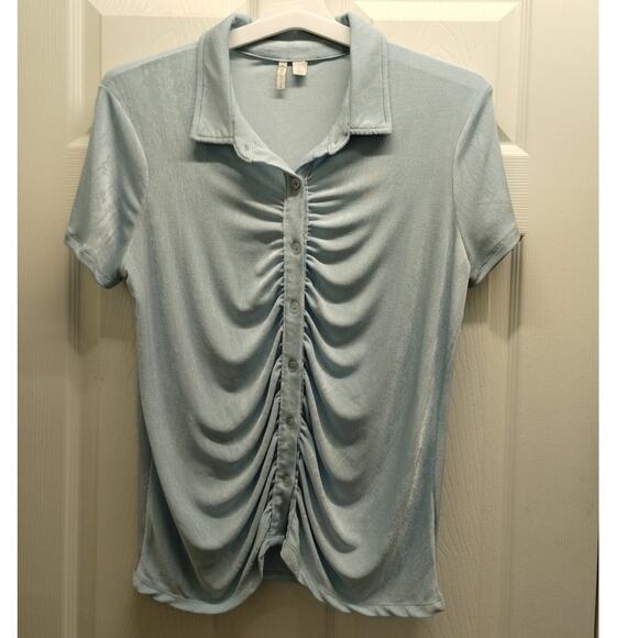 Cato EST 1946 Size Large Light Blue Stretch Button Up Short Sleeve Ruched Top - Picture 1 of 6